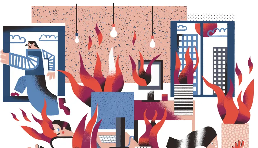 Biuro z ludźmi stojące w płomieniach - rysunek