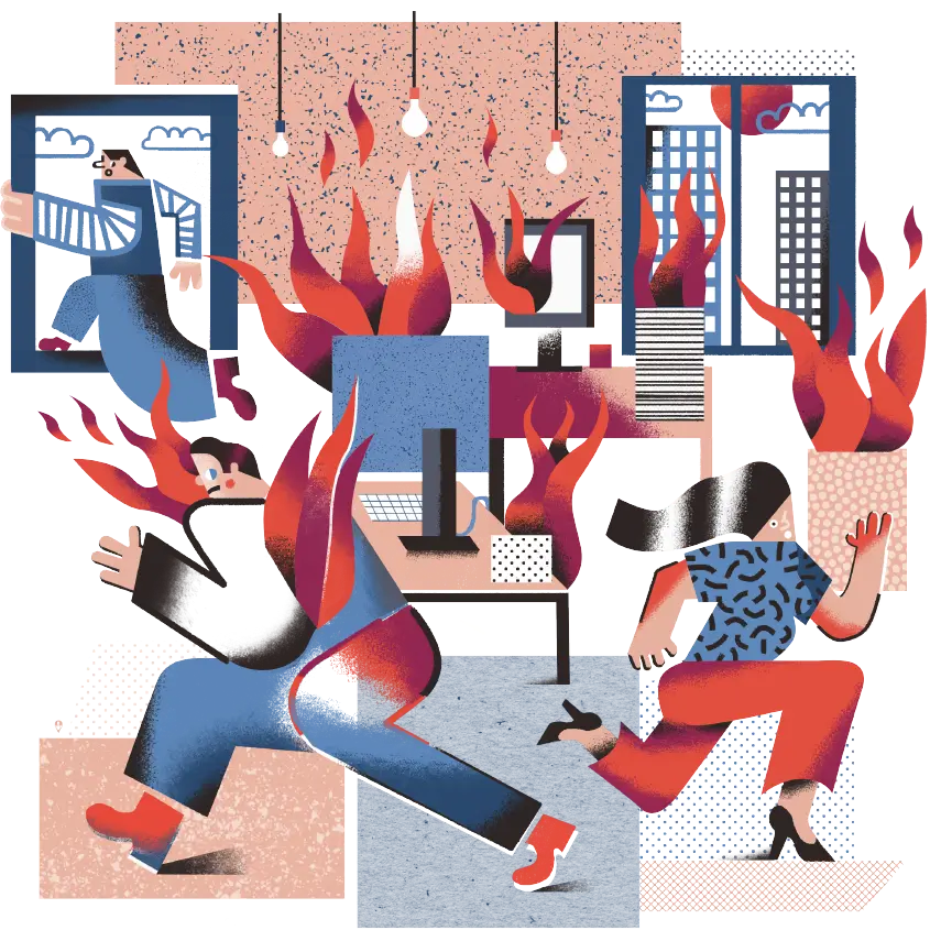 Biuro z ludźmi stające w ogniu - rysunek
