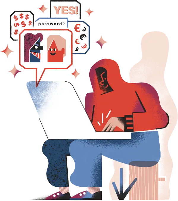 Hacker w czerwonej bluzie przed laptopem